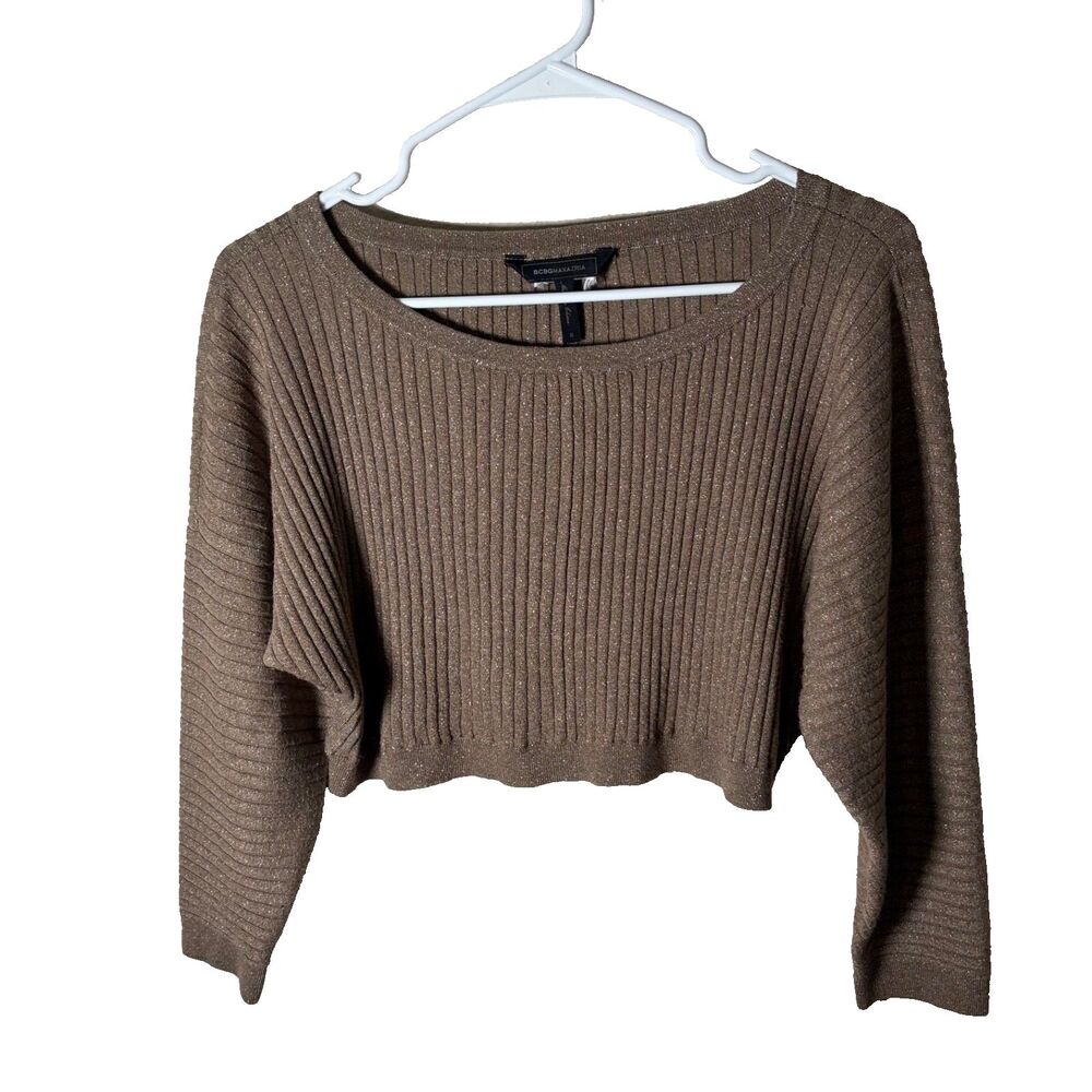 Bcbg Maxarzia Sweater Women's Small Brown Metallic Cropped Ribbed 3/4 Sleeve